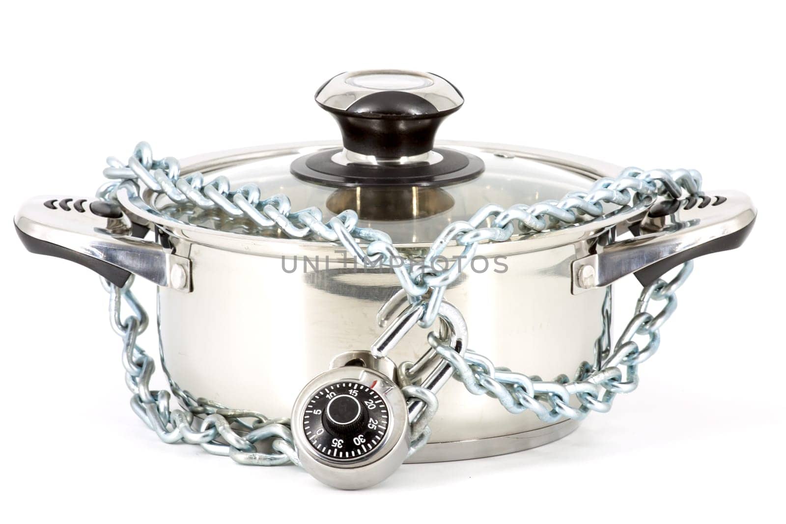 Chain with a padlock around a metal saucepan on a white background