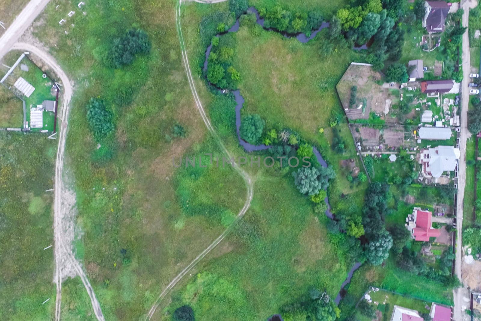 Top view of the village, fields and forests near the village