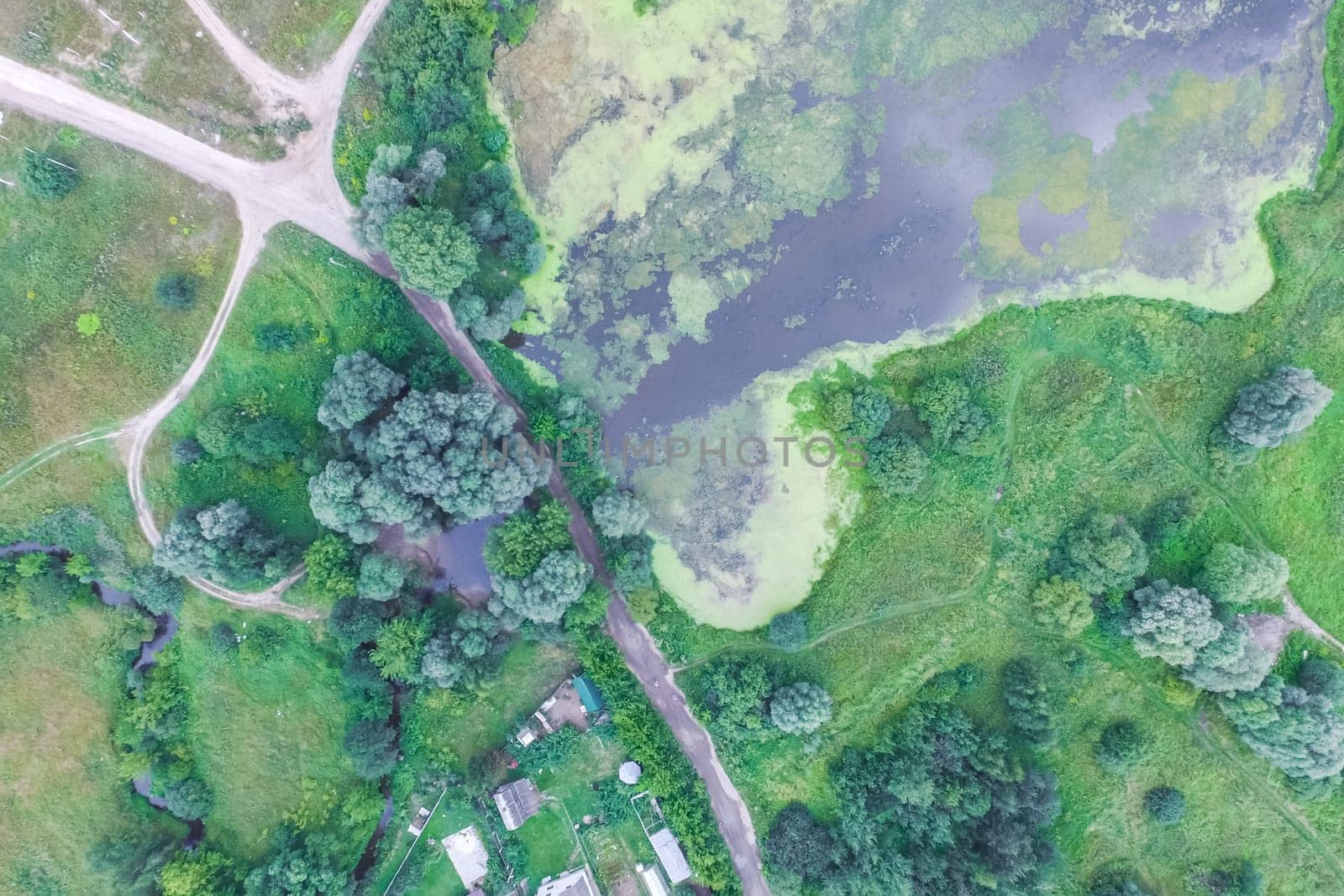 Top view of the village, fields and forests near the village