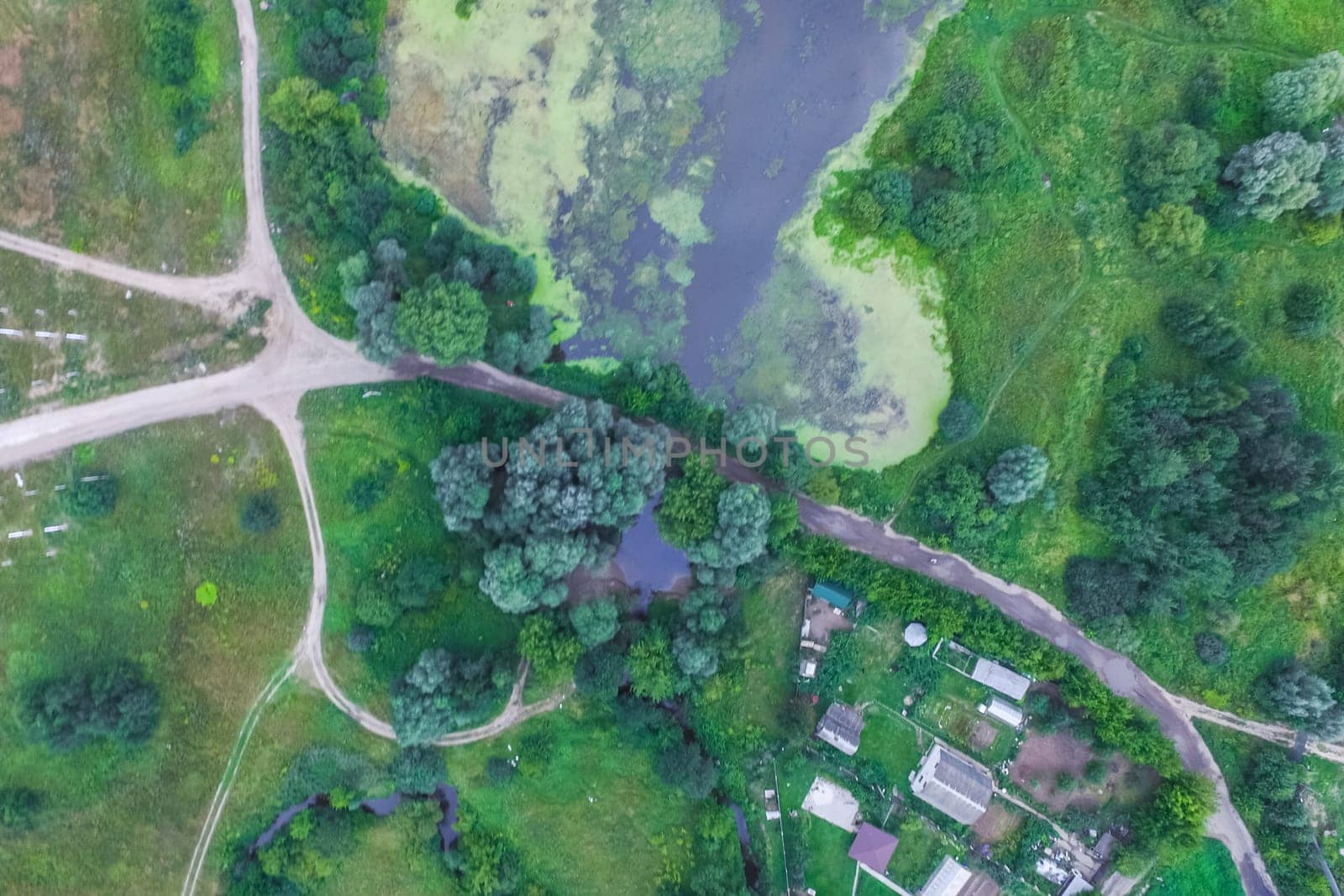 Top view of the village, fields and forests near the village