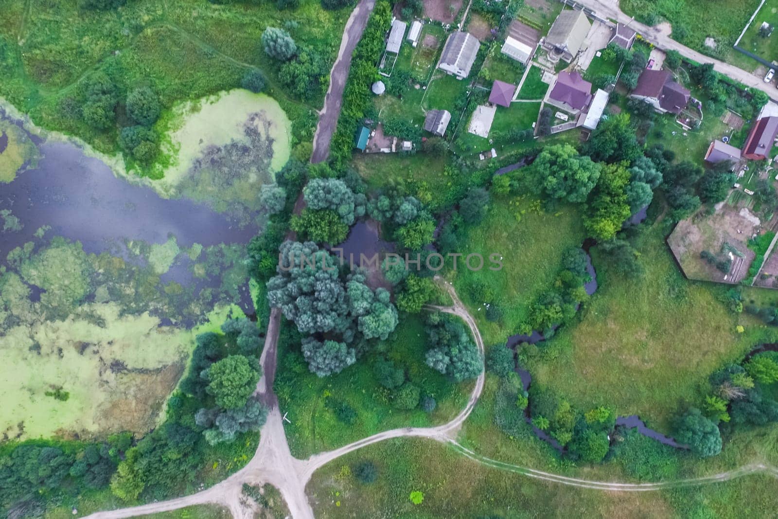 Top view of the village, fields and forests near the village