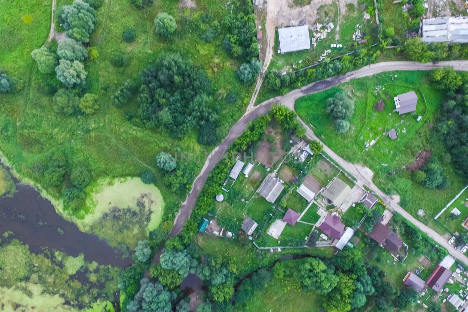 Top view of the village, fields and forests near the village