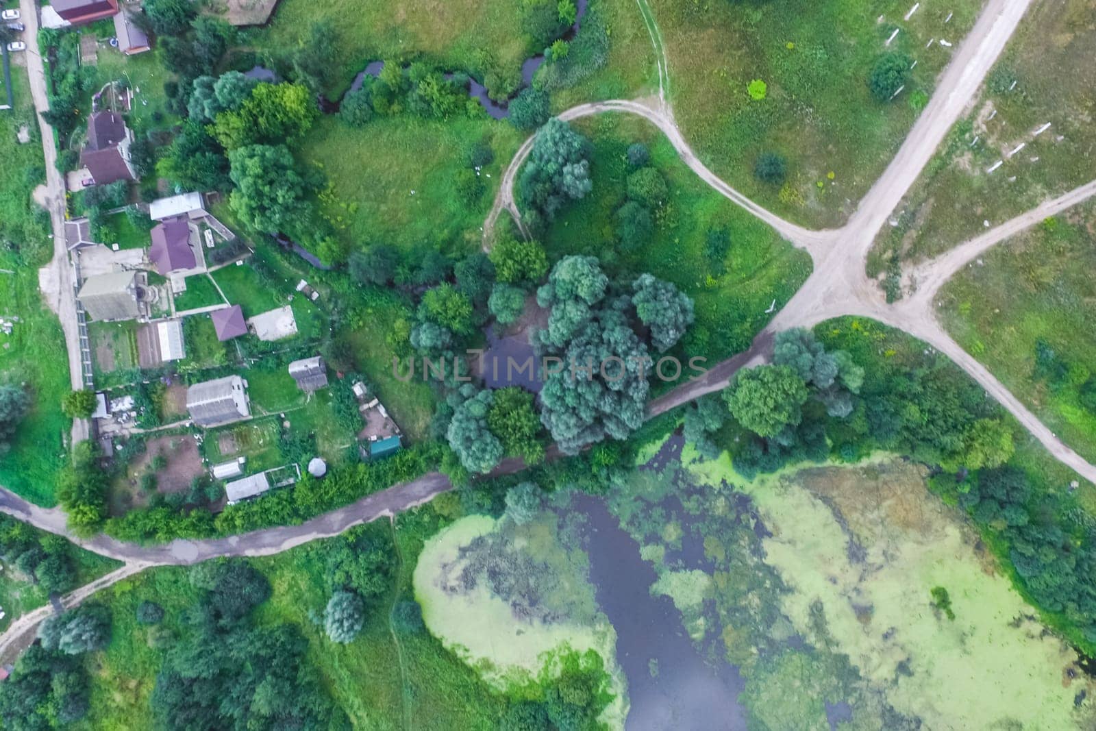 Top view of the village, fields and forests near the village