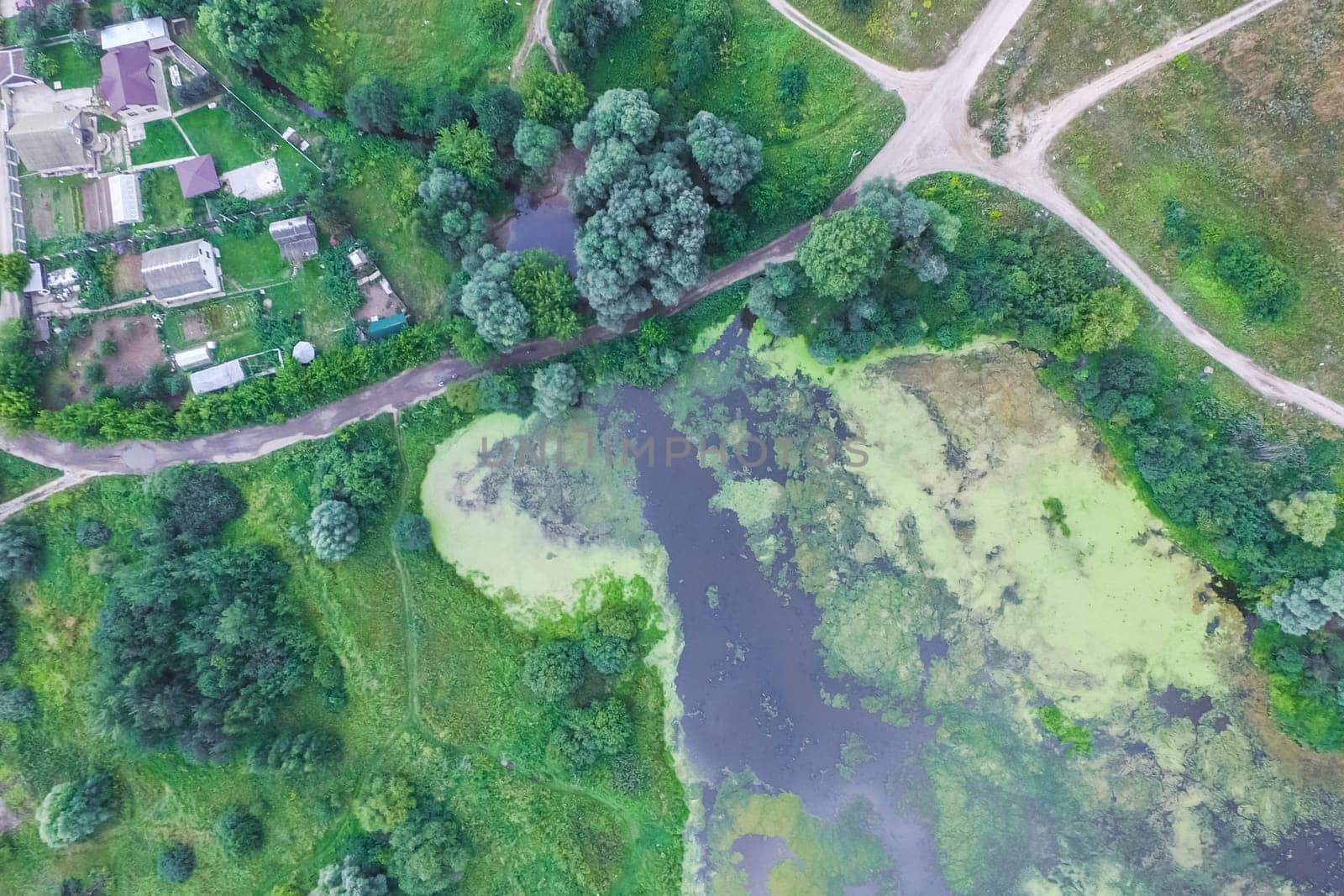Top view of the village, fields and forests near the village