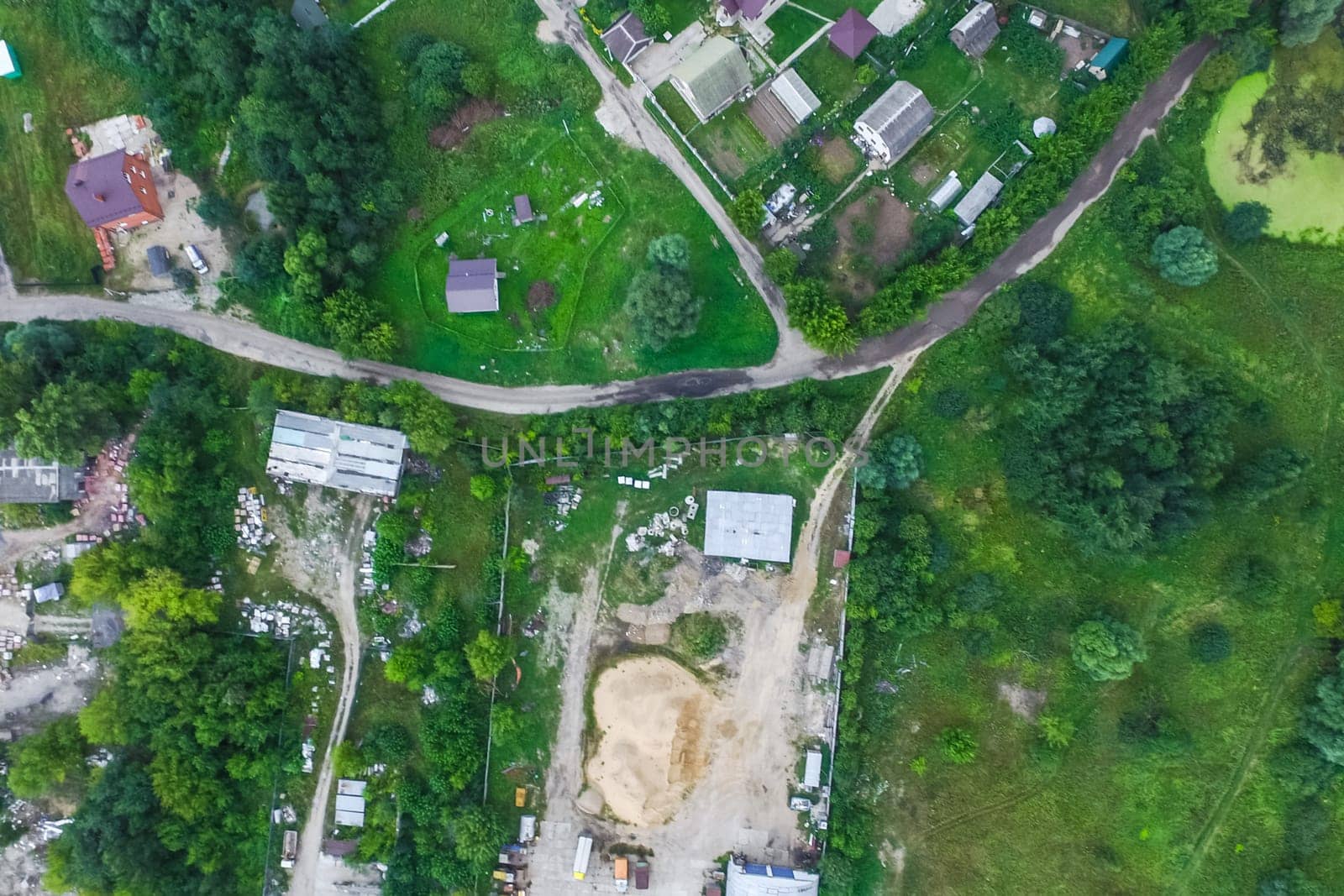 Top view of the village, fields and forests near the village