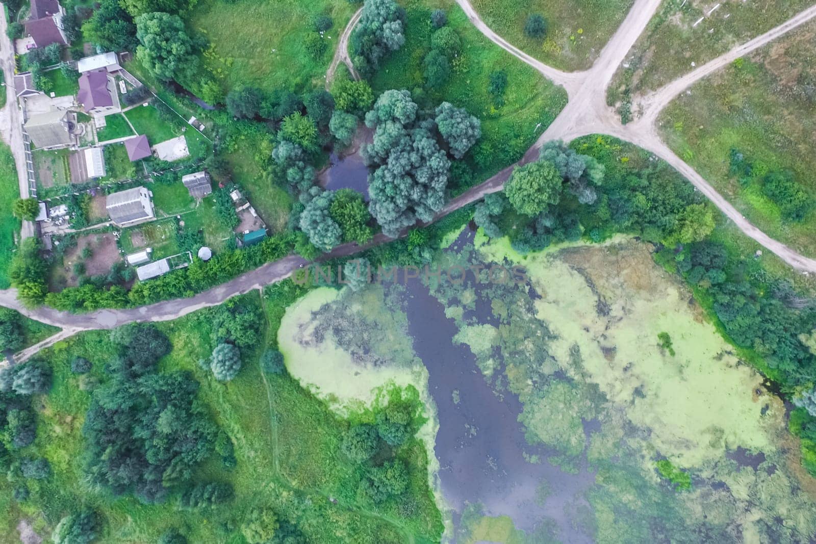Top view of the village, fields and forests near the village