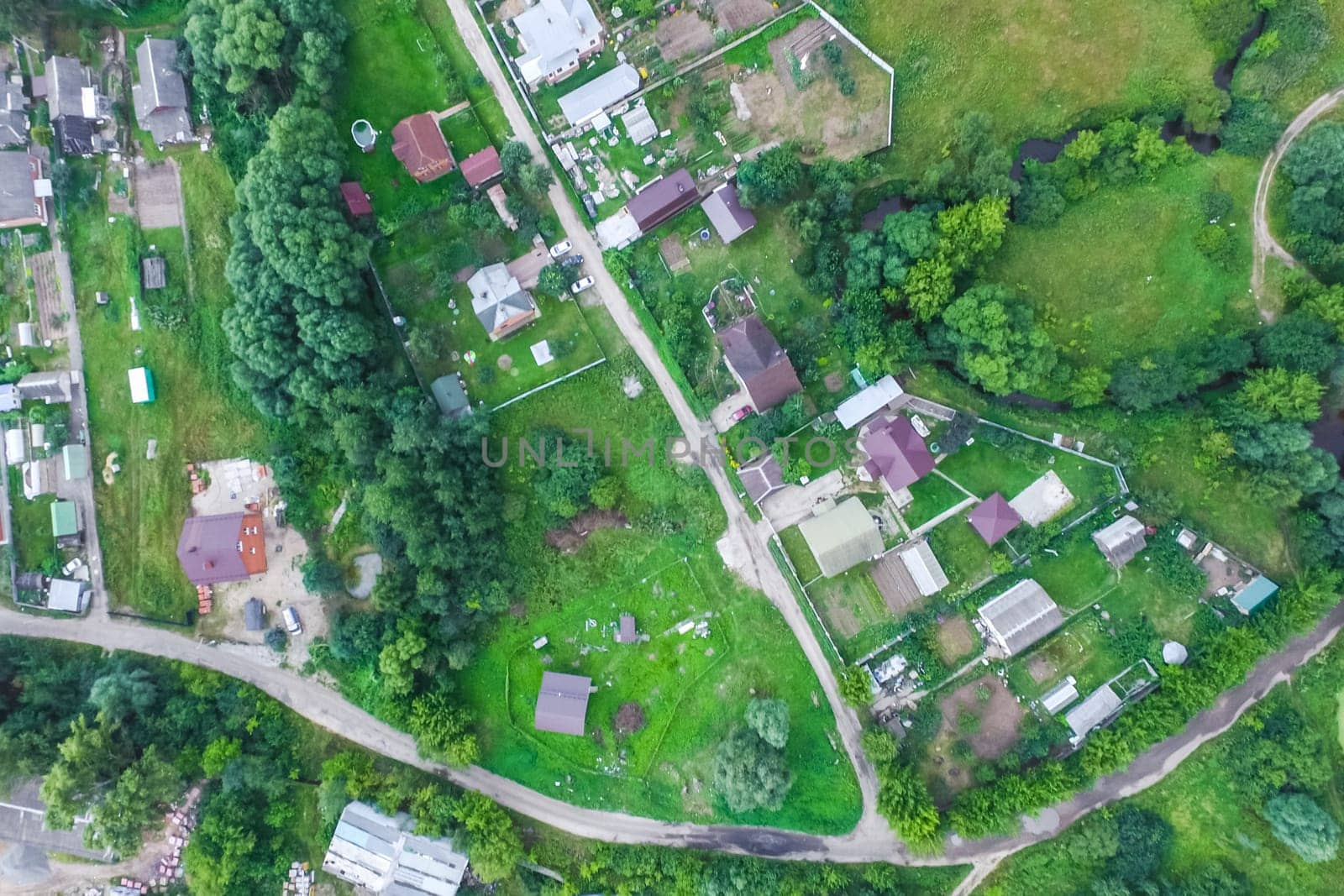Top view of the village, fields and forests near the village
