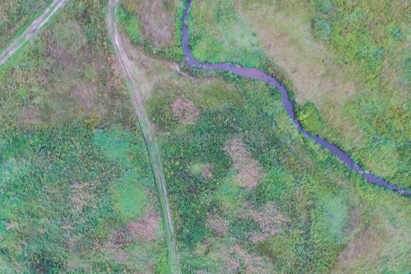 Top view of the village, fields and forests near the village