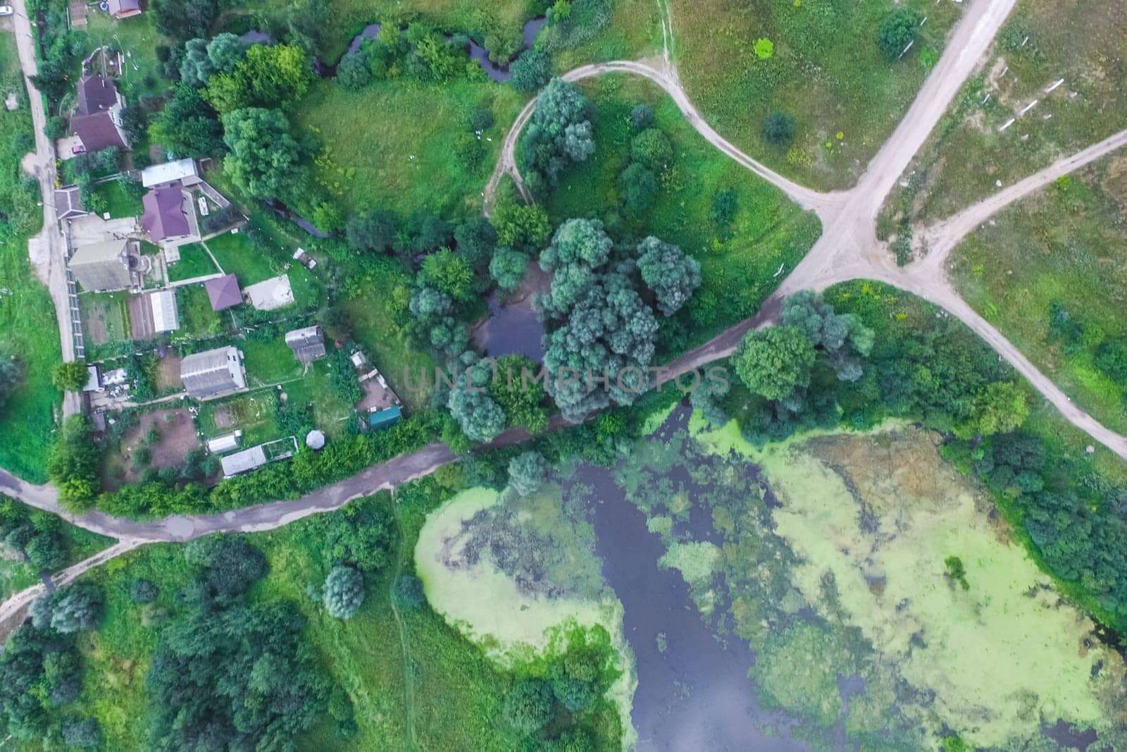 Top view of the village, fields and forests near the village