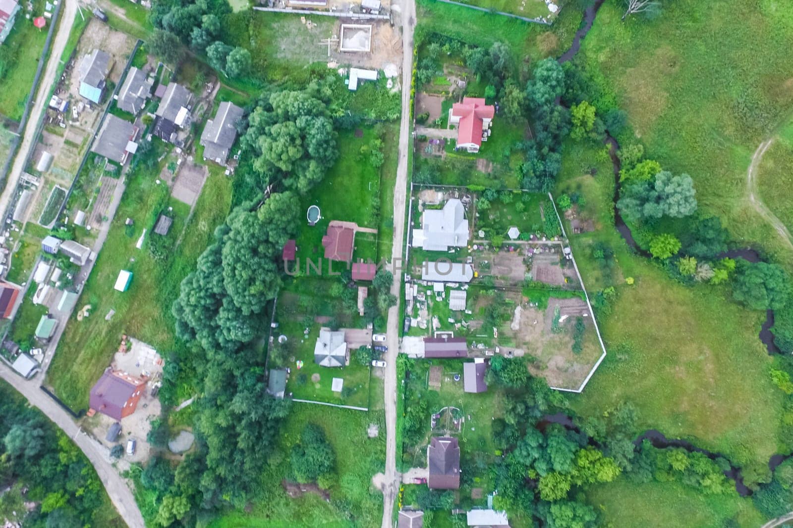 Top view of the village, fields and forests near the village