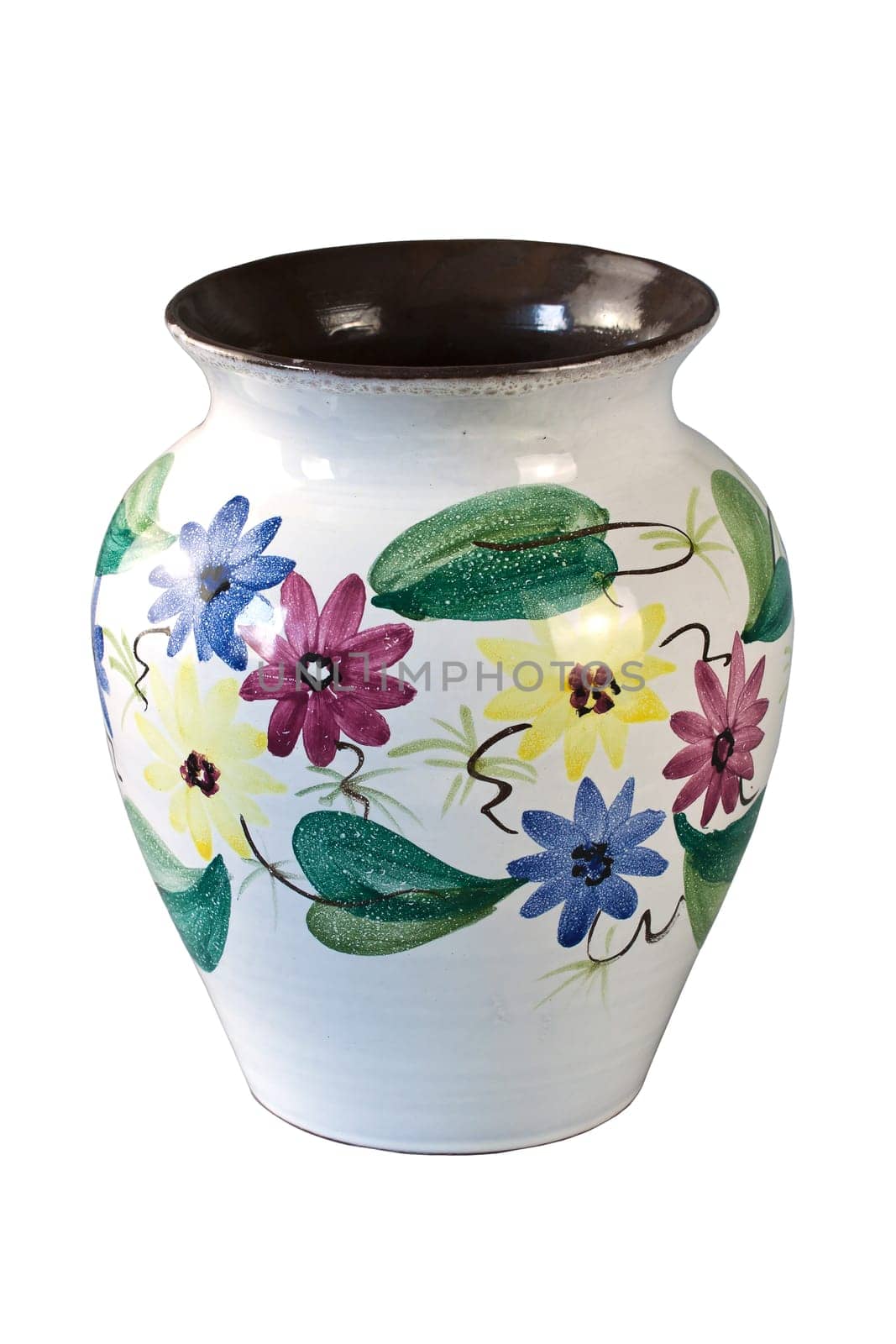 Ceramic vase with colorful floral patterns on a white background