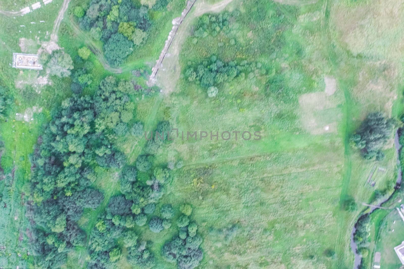 Top view of the village, fields and forests near the village