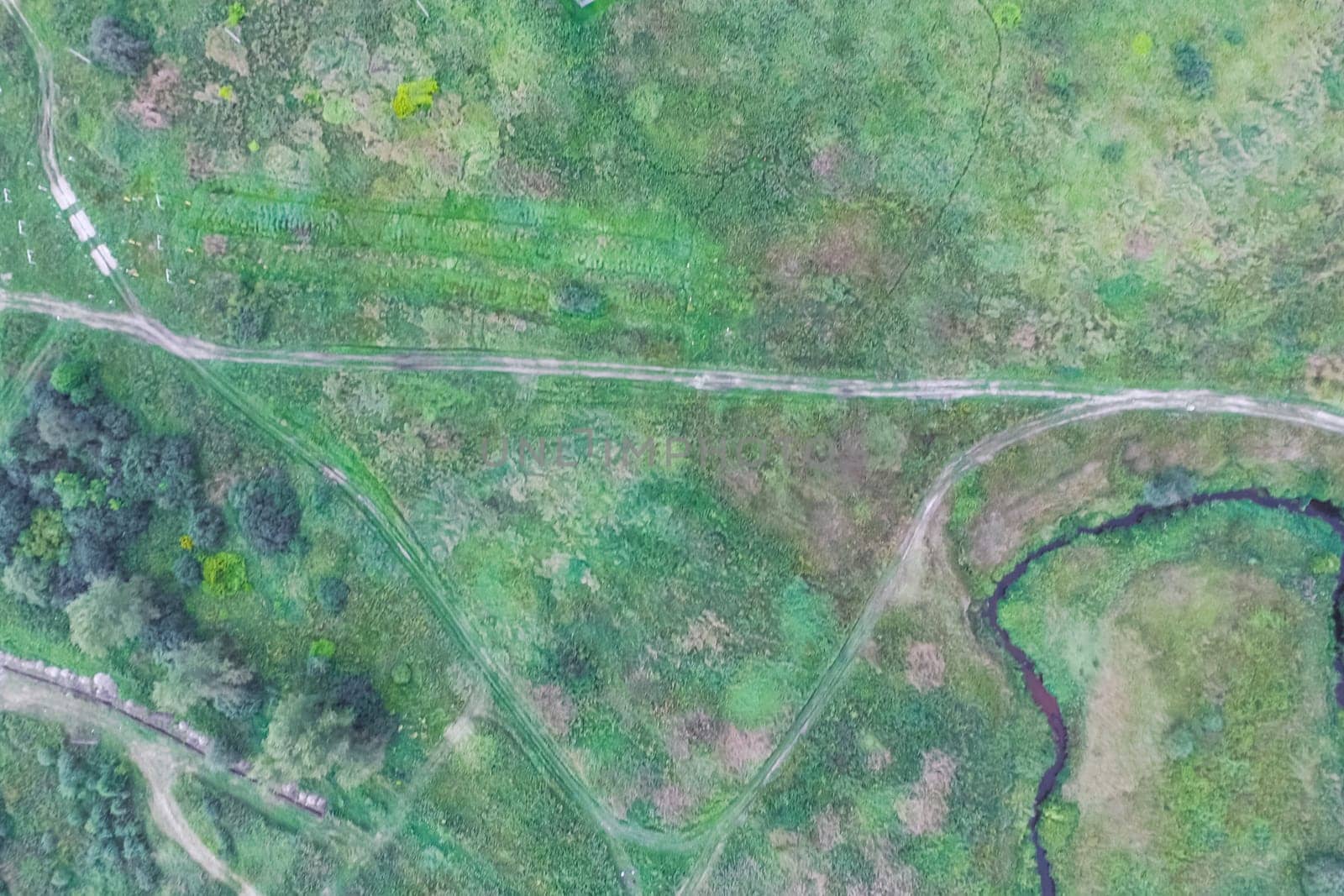 Top view of the village, fields and forests near the village