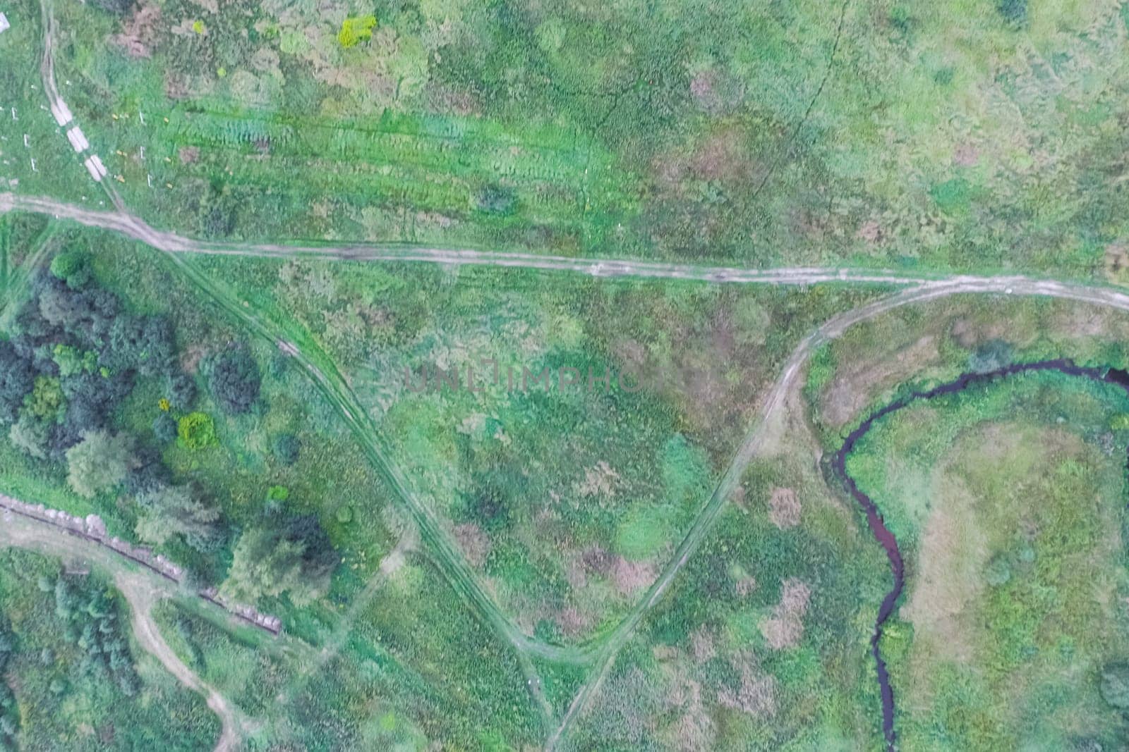 Top view of the village, fields and forests near the village
