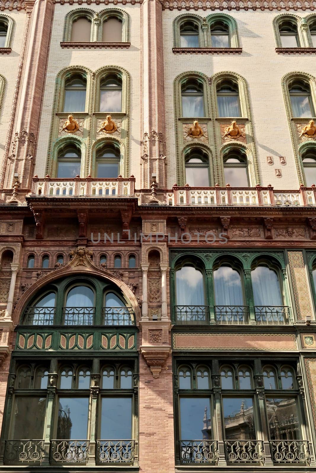 The elaborate facade of the Parisi, Parizsi Udvar, Parisian Court building in the city center of Budapest, Hungary 2022