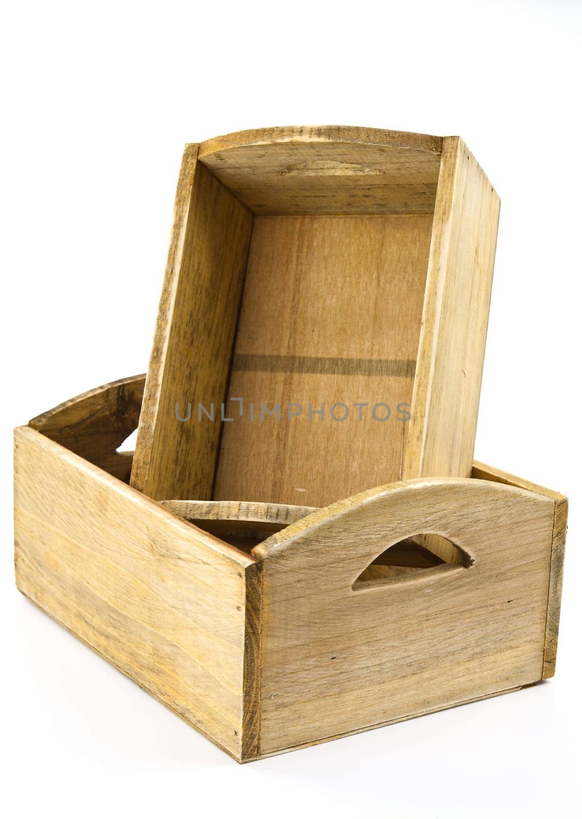 Decorative wooden crates on a white background