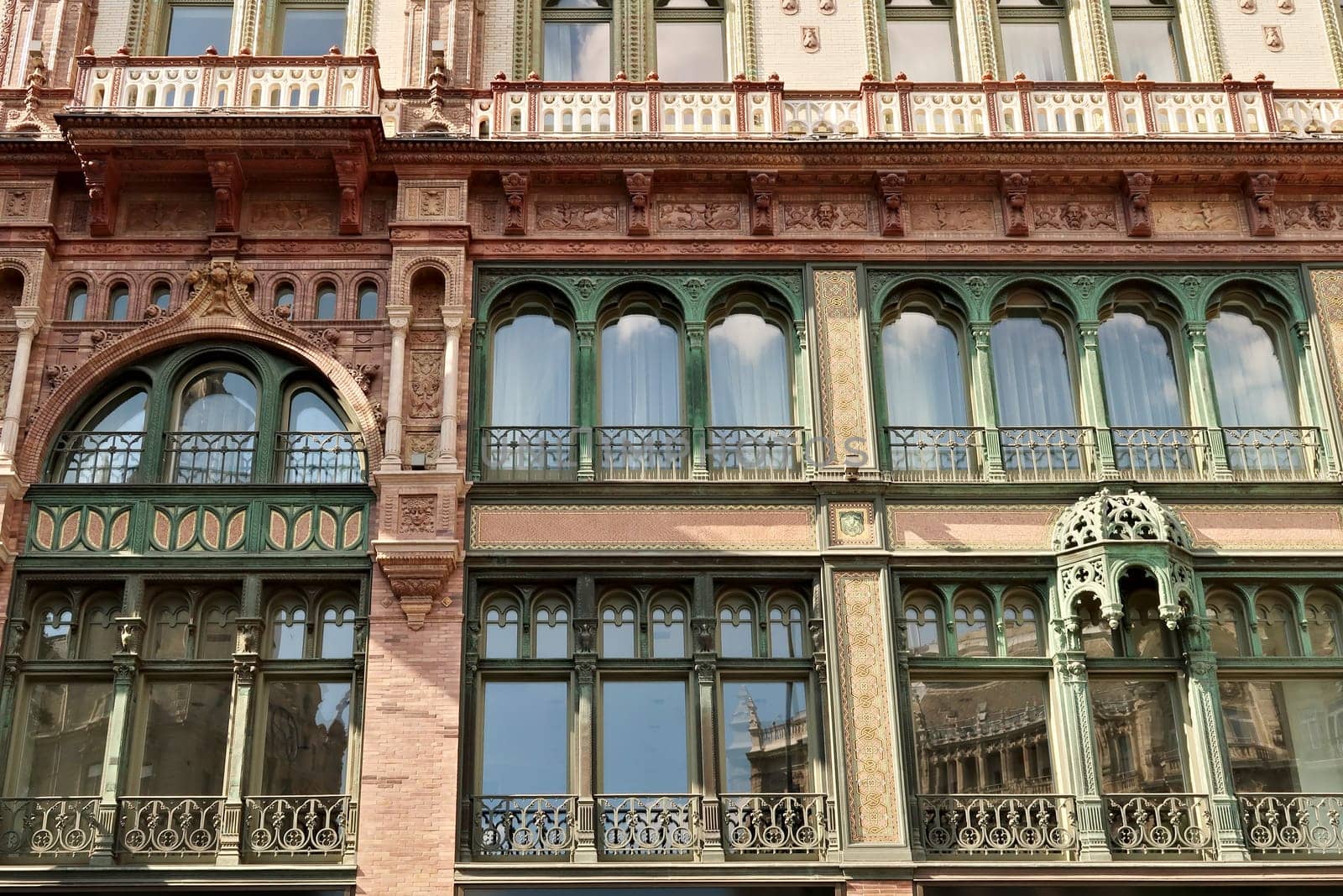 The lower facade of the Parisi, Parizsi Udvar, Parisian Court building, in the city center of Budapest, Hungary 2022