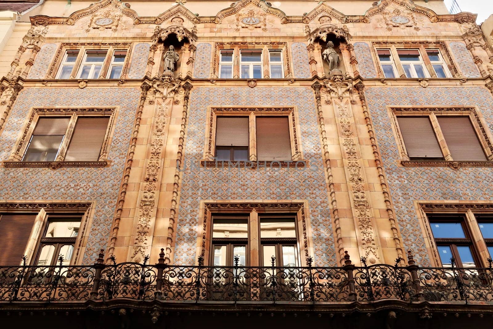 The elaborate facade of the Thonet Haz, Thonet House, an example of Art Nouveau architecture in the city center of Budapest, Hungary 2022