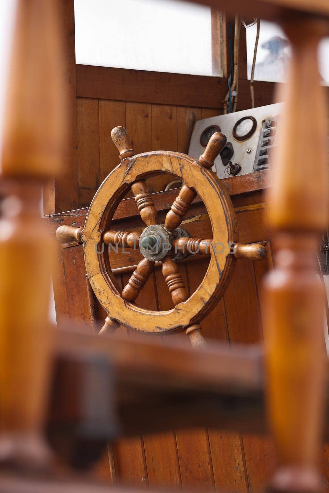 Small wooden fishing boat rudder of a classic form