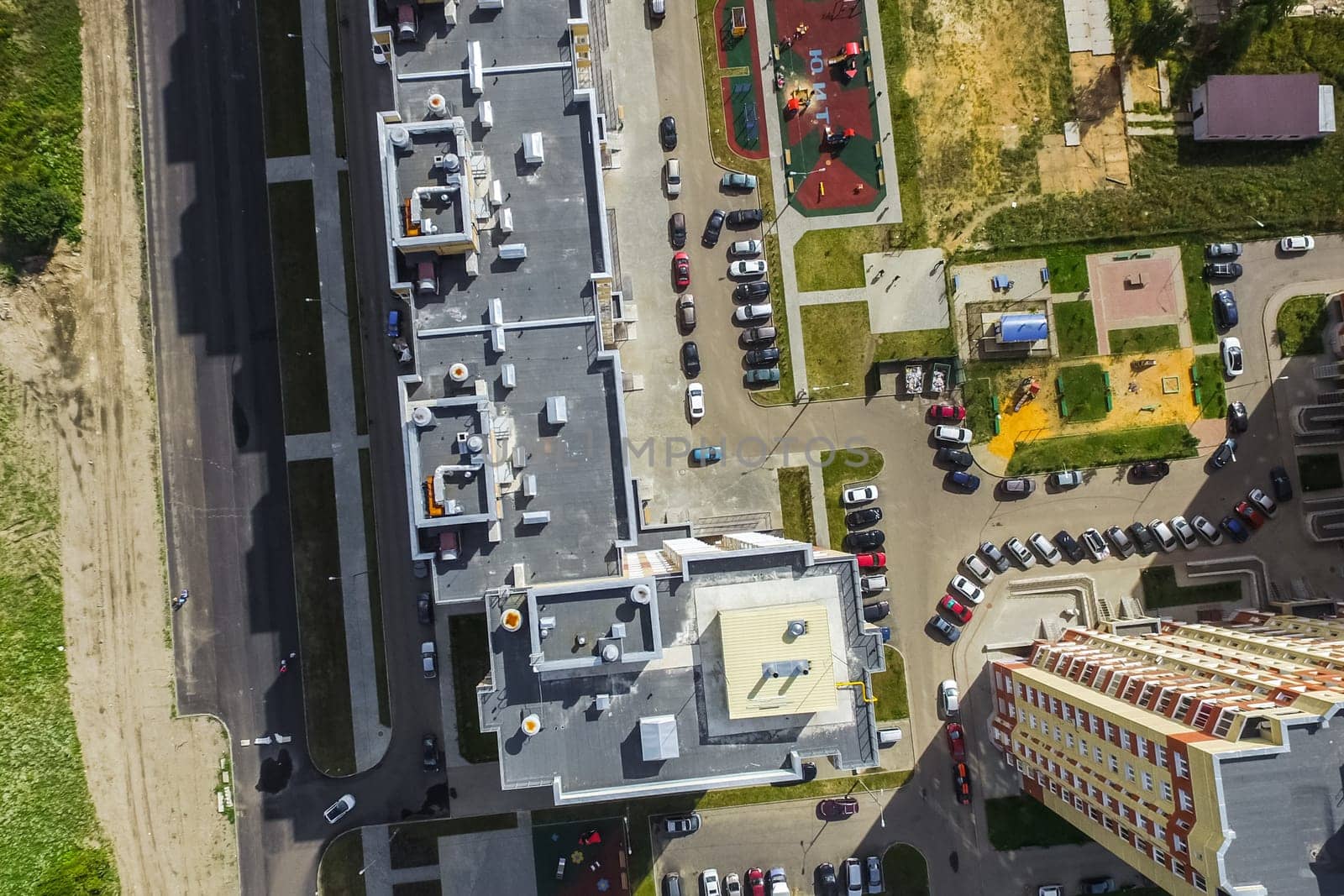 Top view of the city of Moscow, buildings and roads and other infrastructure of the city. Cityscape view from above.