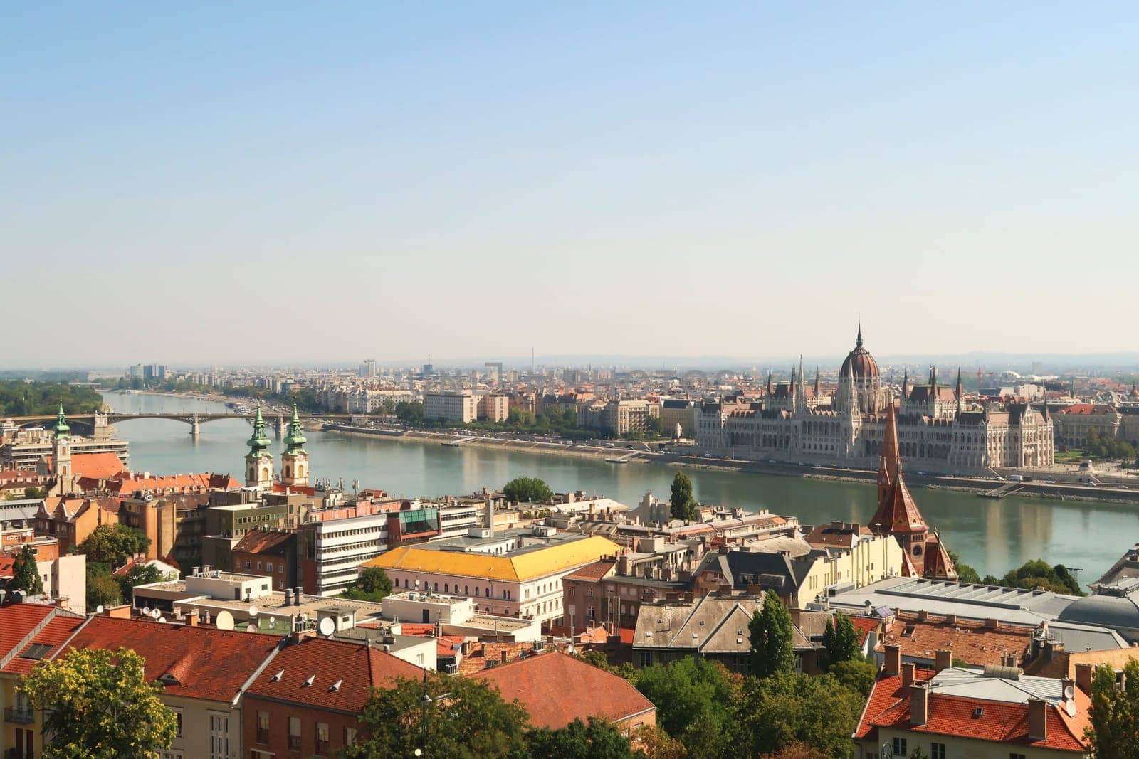 View from the Fisherman's Bastion onto the Hungarian Parliament Building and the Danube River, Budapest, Hungary 2022