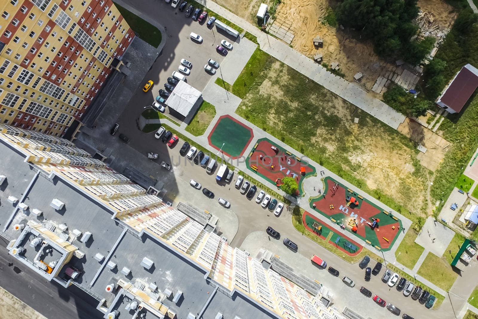 Top view of the city of Moscow, buildings and roads and other infrastructure of the city. Cityscape view from above.