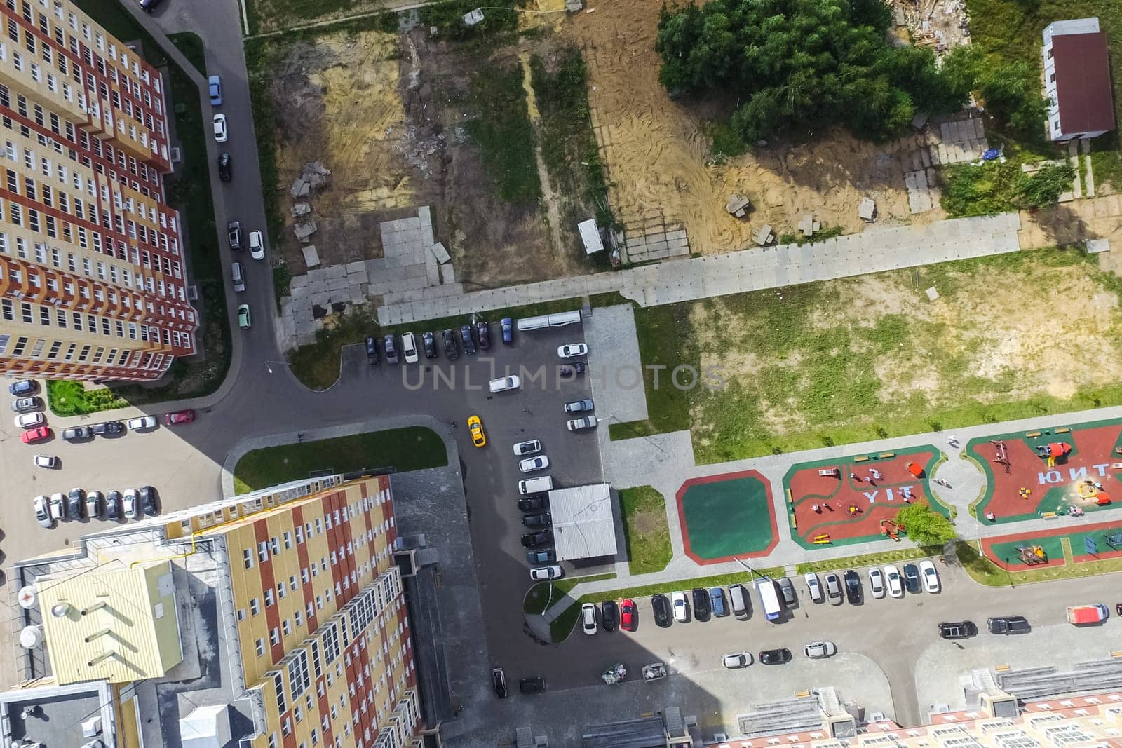 Top view of the city of Moscow, buildings and roads and other infrastructure of the city. Cityscape view from above.