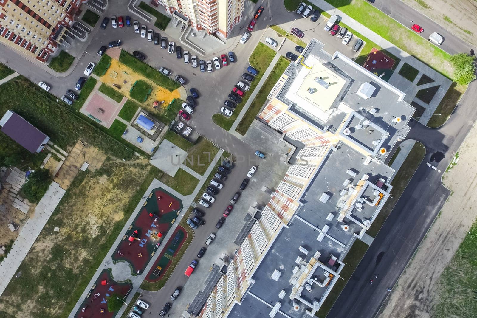 Top view of the city of Moscow, buildings and roads and other infrastructure of the city. Cityscape view from above.