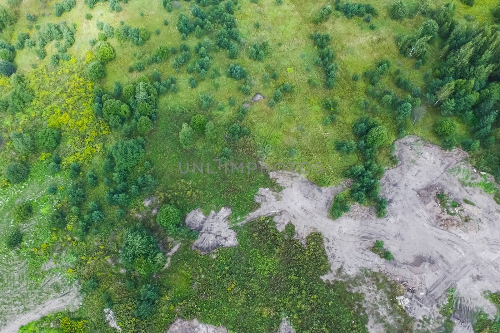 Top view of the village, fields and forests near the village