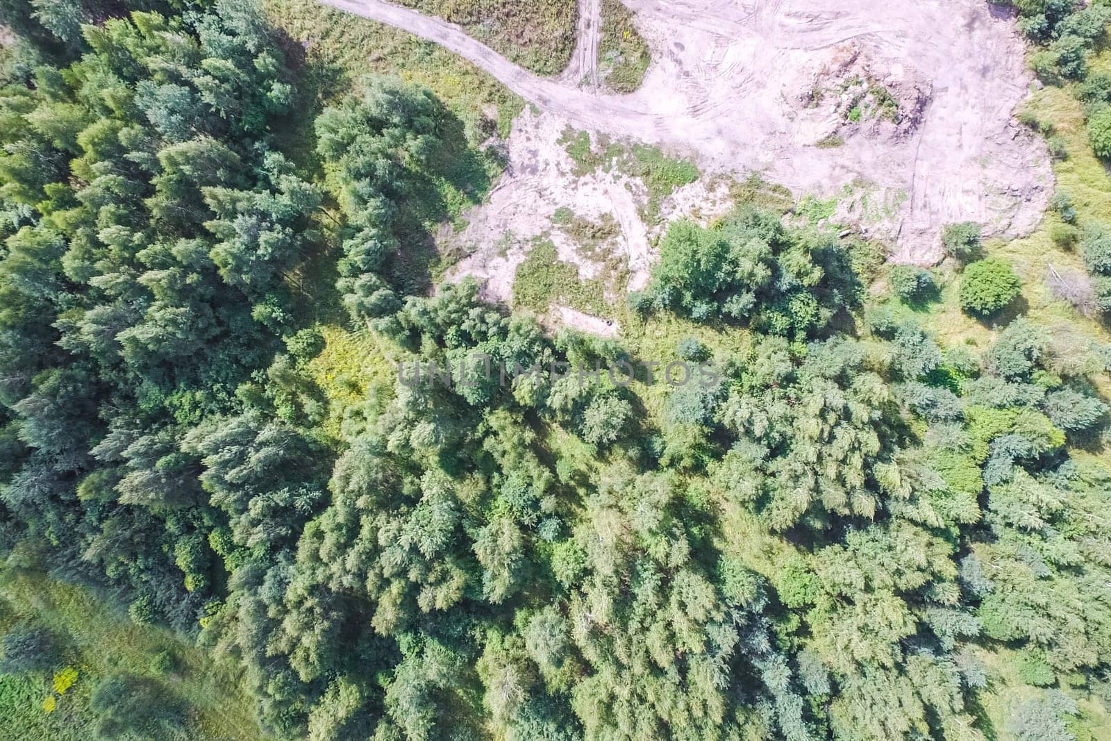 Top view of the village, fields and forests near the village