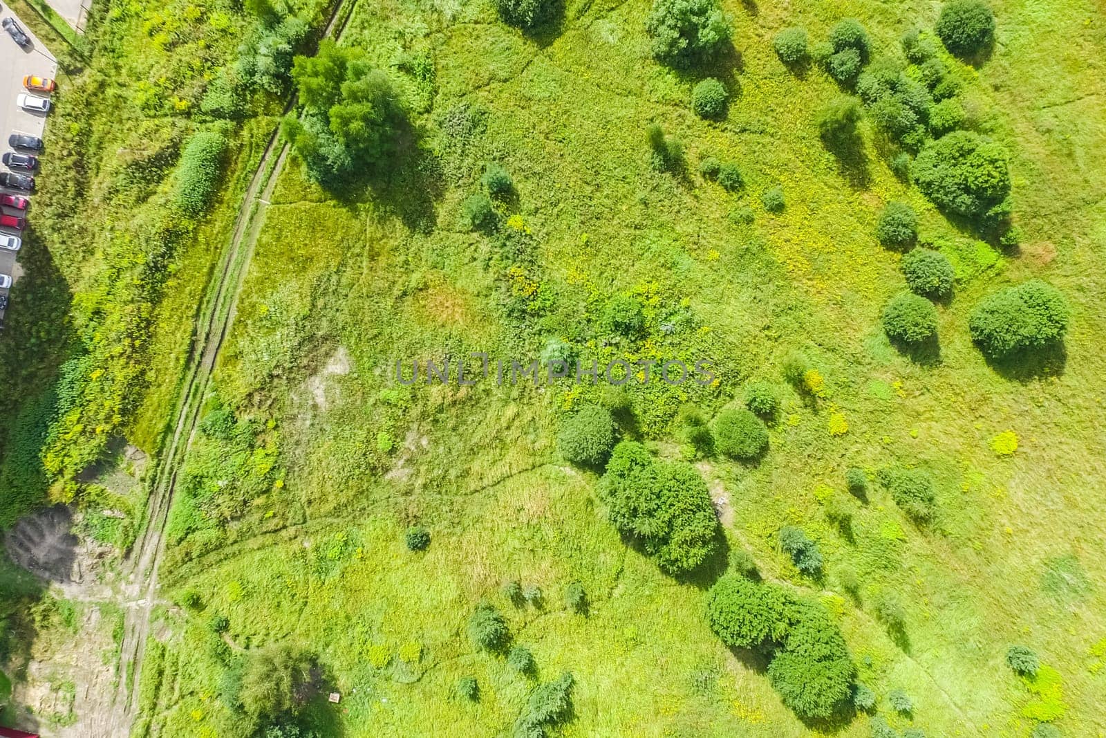 Top view of the village, fields and forests near the village