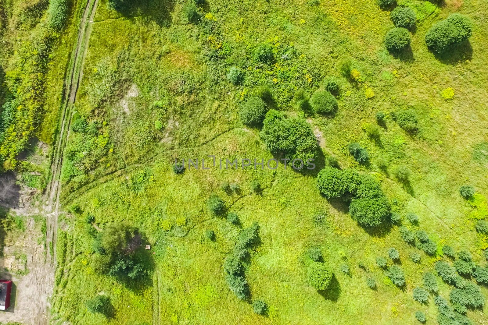 Top view of the village, fields and forests near the village