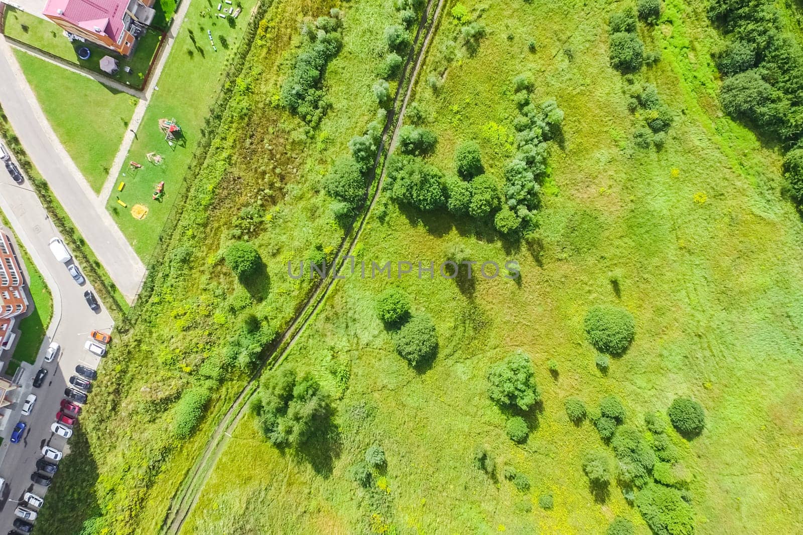 Top view of the village, fields and forests near the village