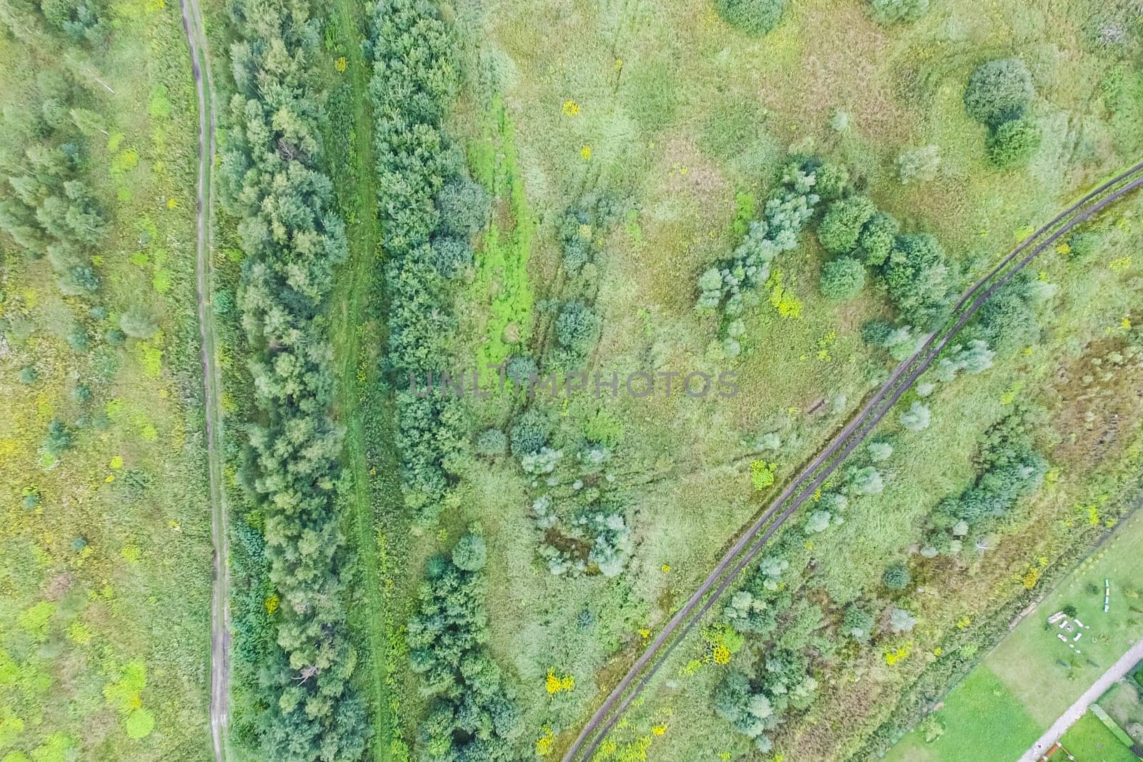 Top view of the village, fields and forests near the village