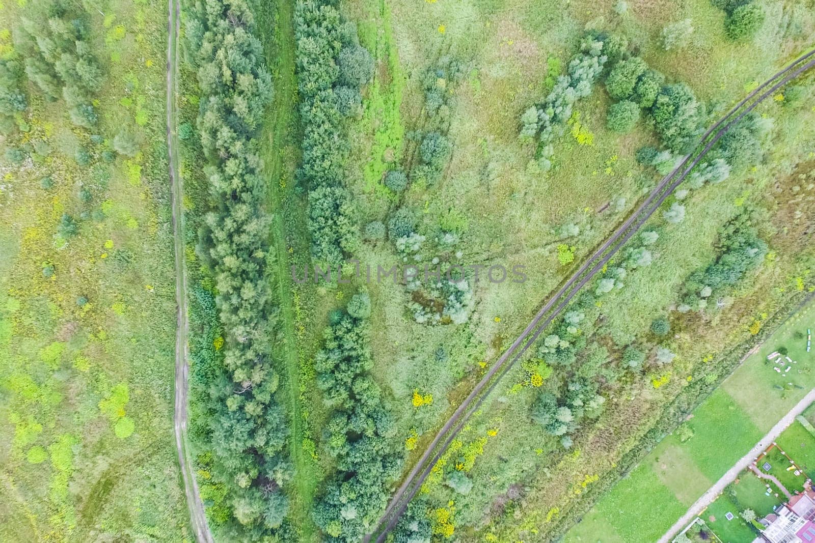 Top view of the village, fields and forests near the village