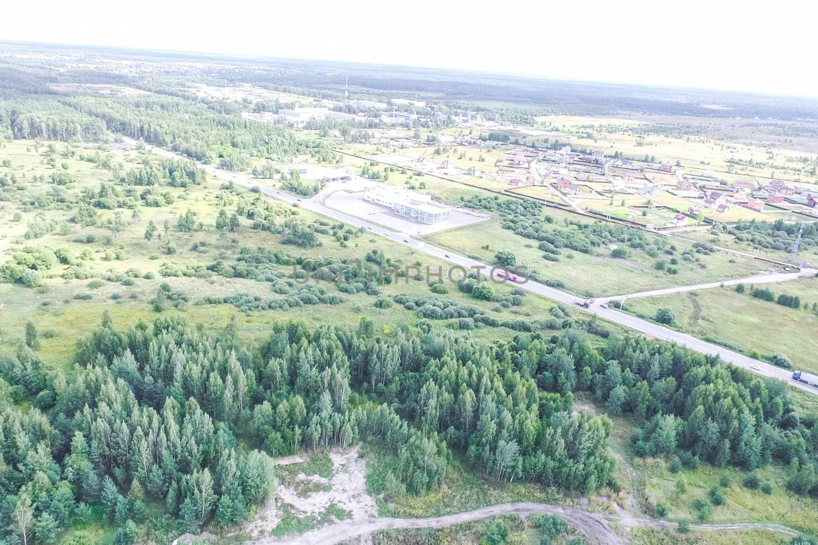 Top view of the village, fields and forests near the village