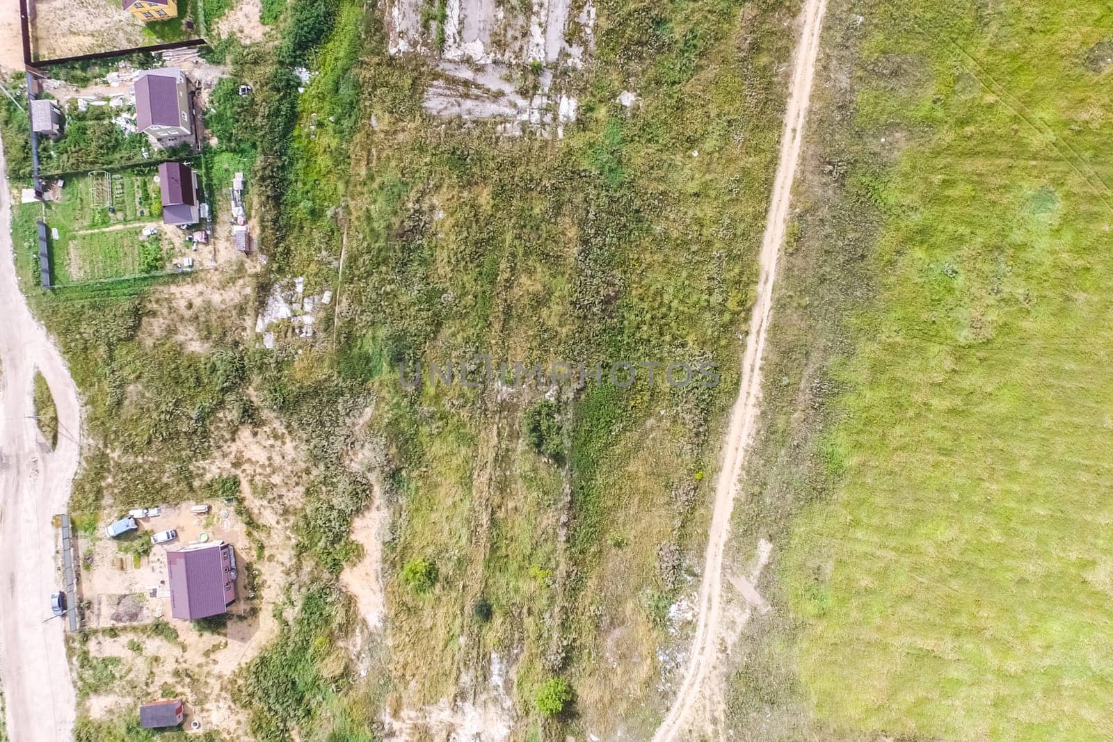 Top view of the village, fields and forests near the village