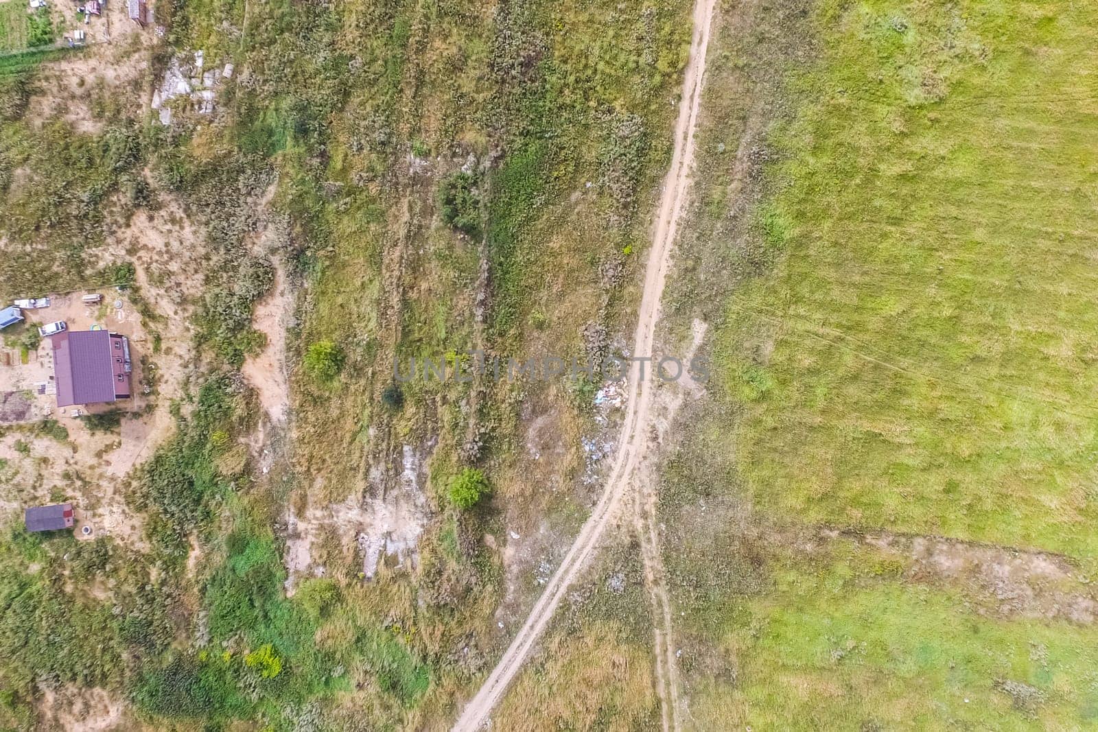 Top view of the village, fields and forests near the village