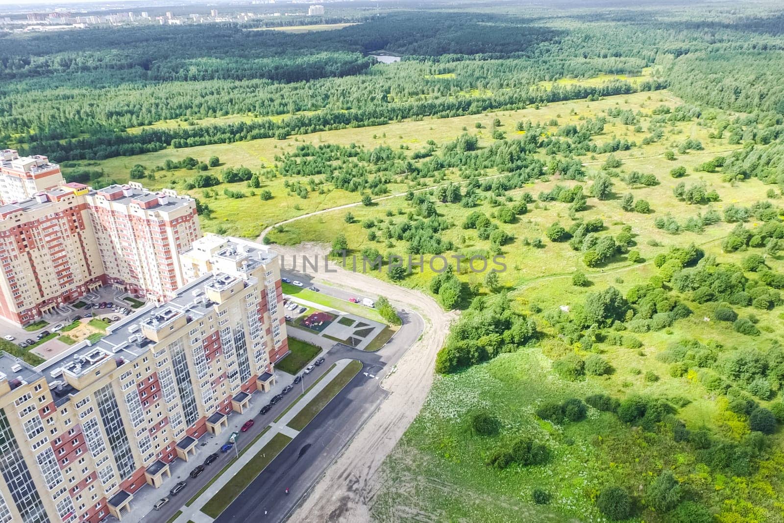 Top view of the city of Moscow, buildings and roads and other infrastructure of the city. Cityscape view from above.