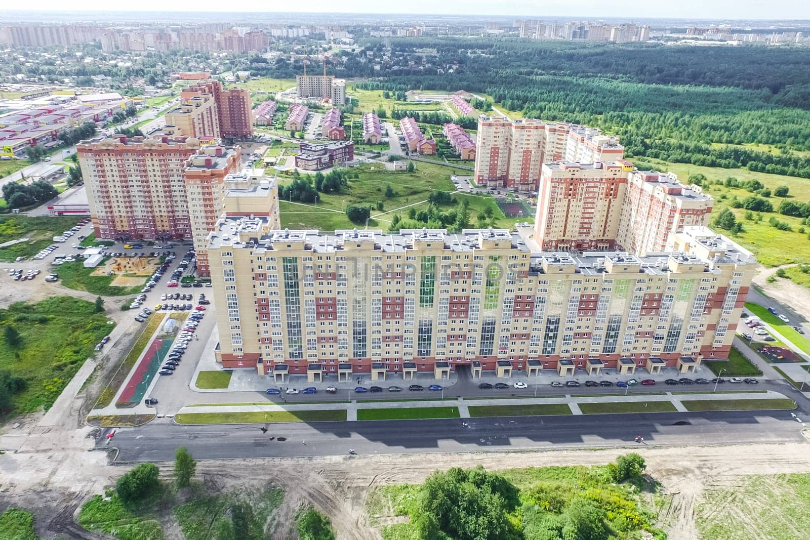 Top view of the city of Moscow, buildings and roads and other infrastructure of the city. Cityscape view from above.