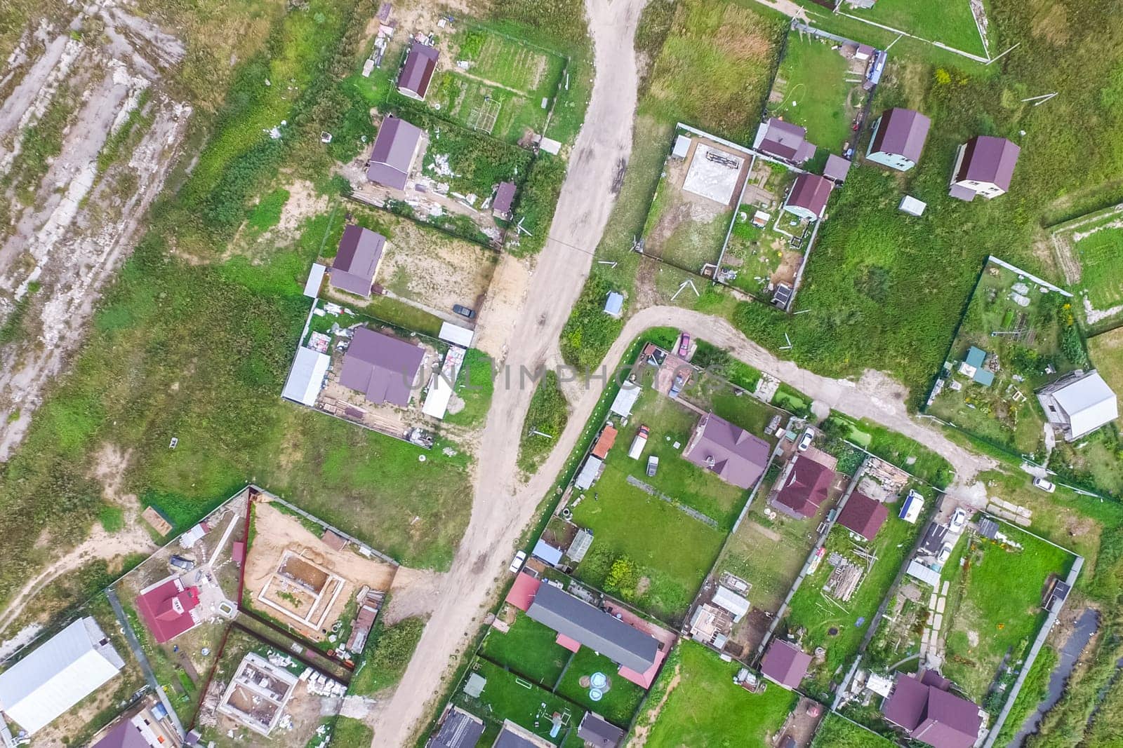 Top view of the village, fields and forests near the village