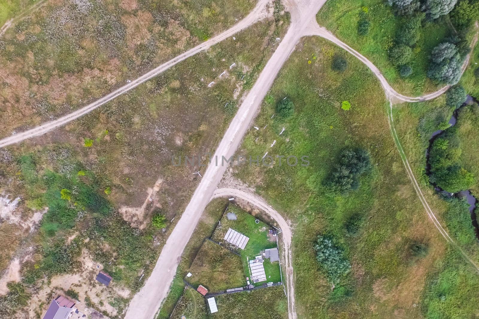 Top view of the village, fields and forests near the village
