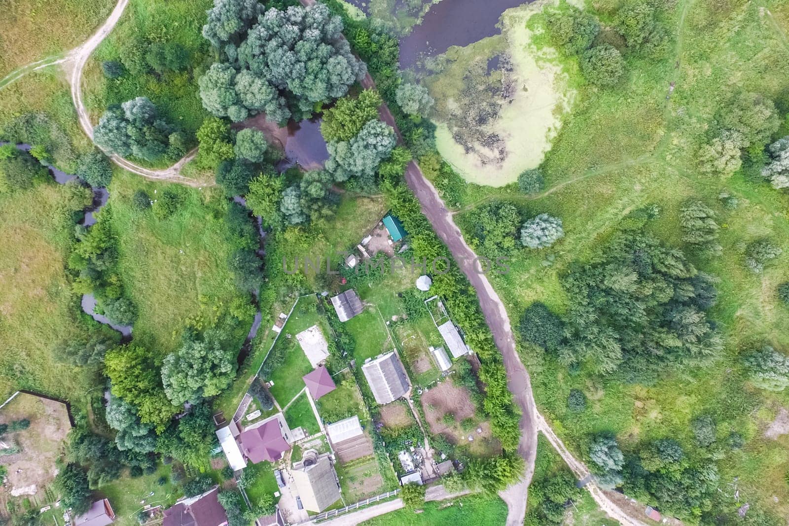 Top view of the village, fields and forests near the village
