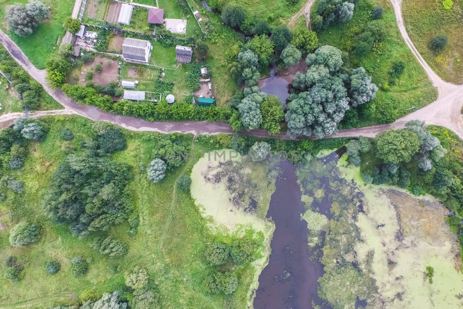 Top view of the village, fields and forests near the village
