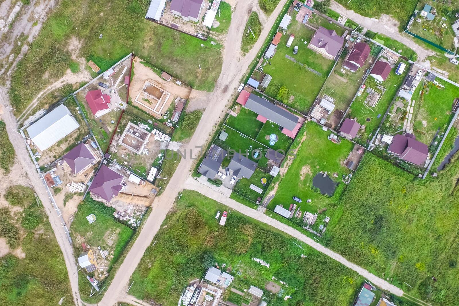 Top view of the village, fields and forests near the village