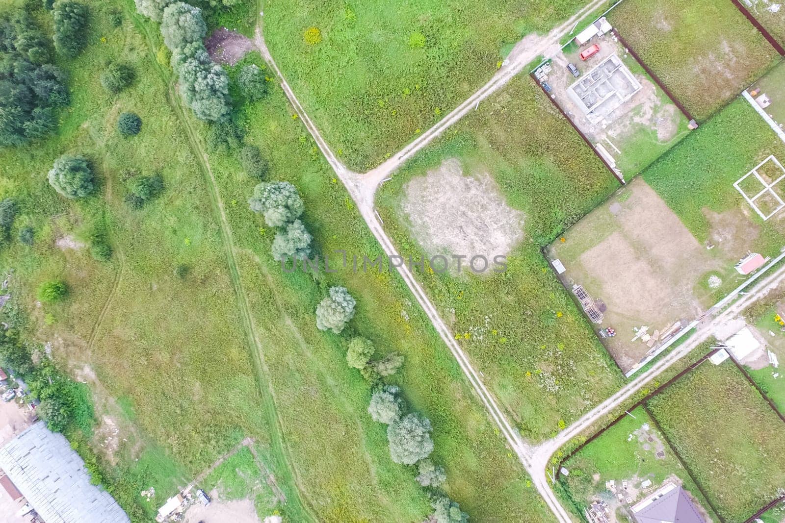 Top view of the village, fields and forests near the village
