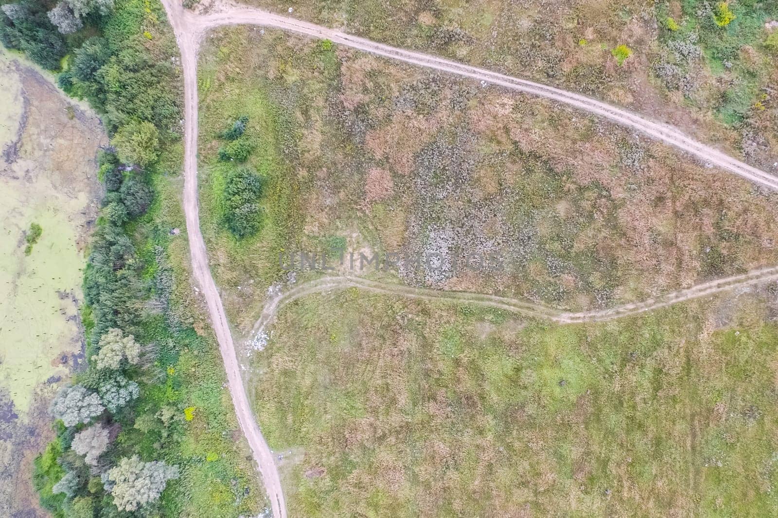 Top view of the village, fields and forests near the village