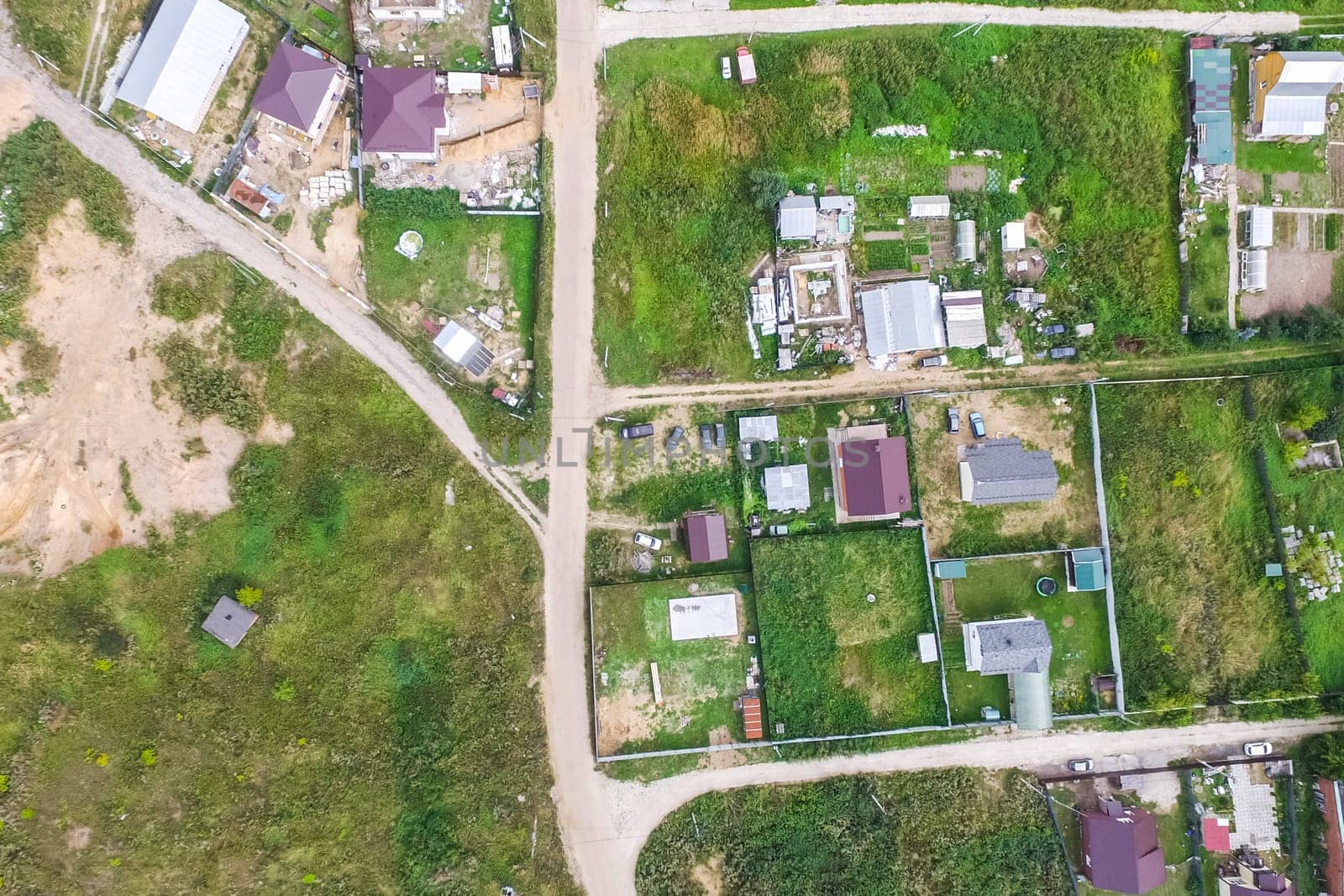 Top view of the village, fields and forests near the village