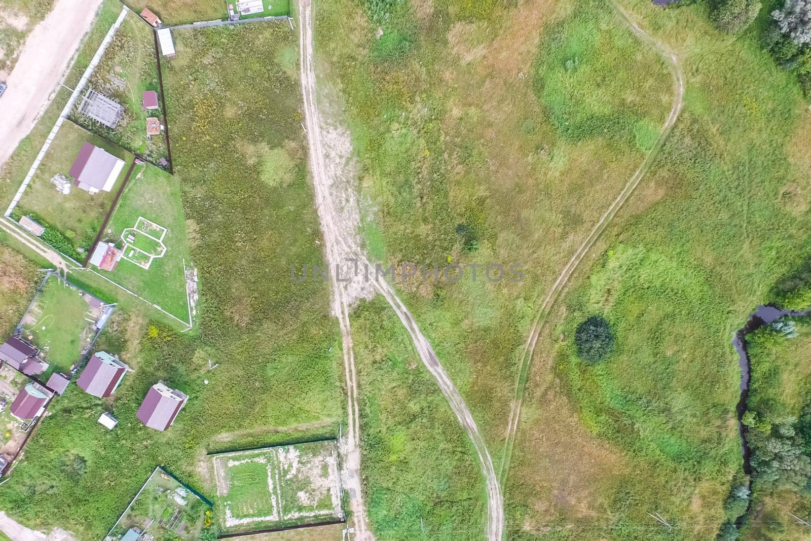 Top view of the village, fields and forests near the village