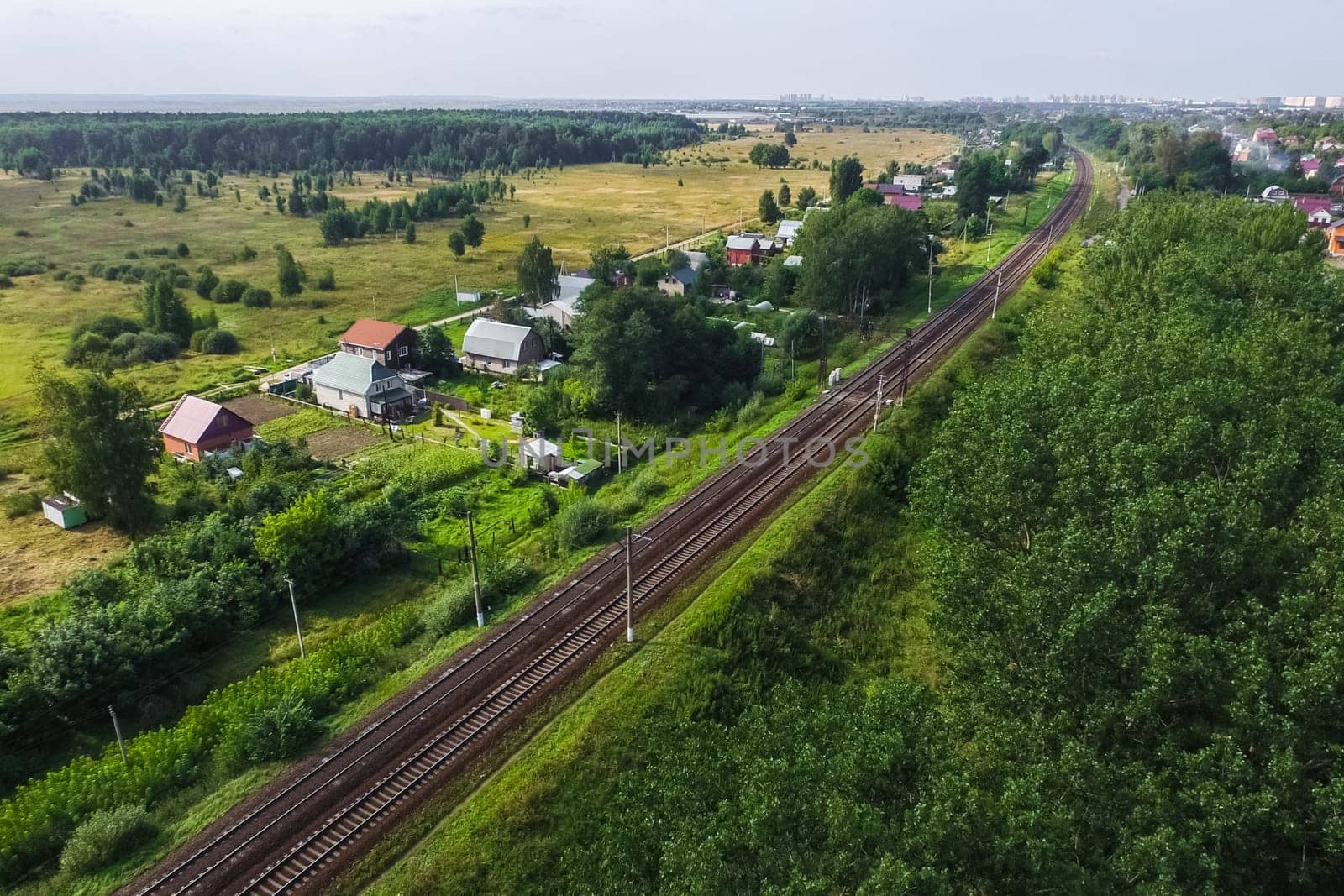 Top view of the village, fields and forests near the village